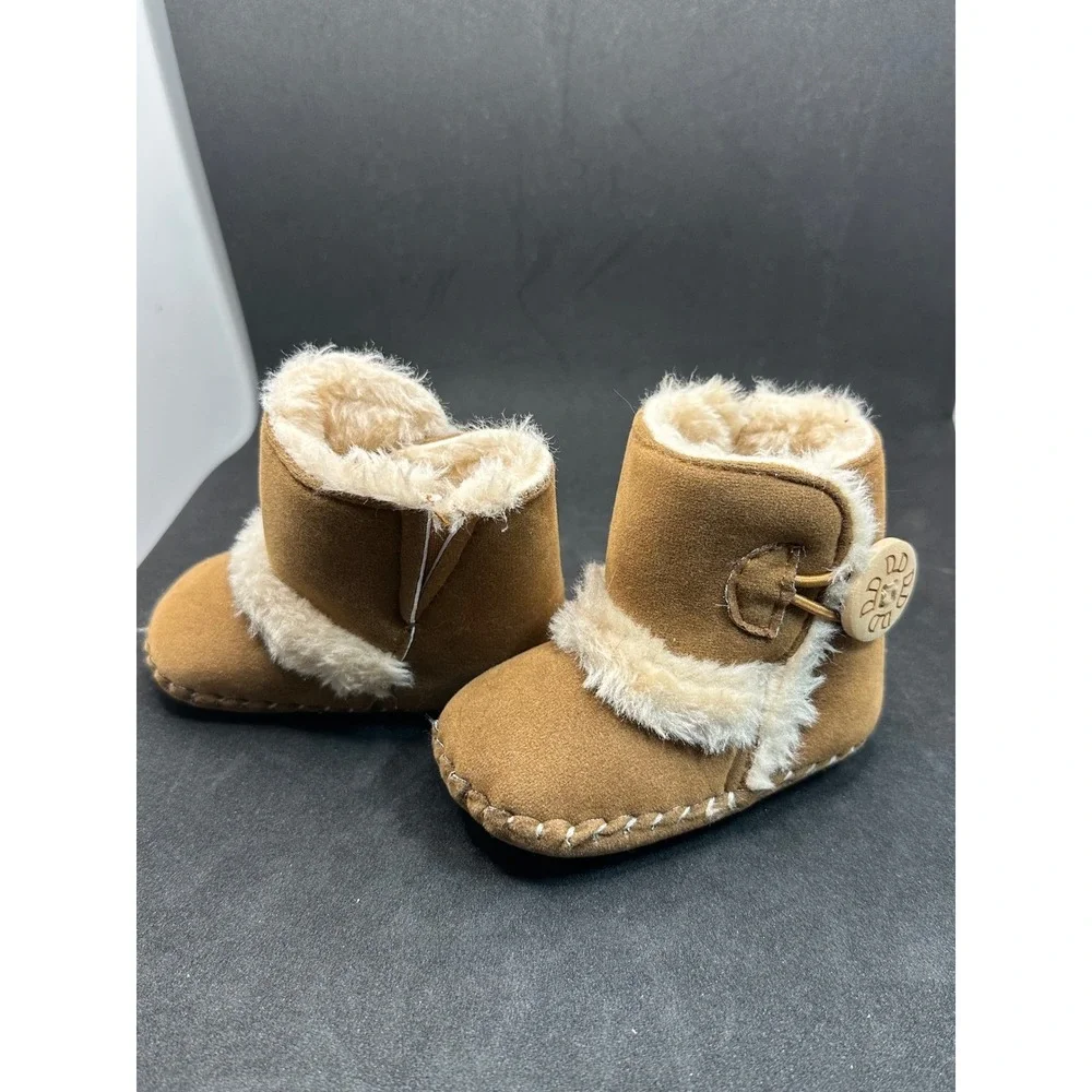 Toddler Baby Girls Boys Brown Suede Faux Fur Lined Boots With Button Accent